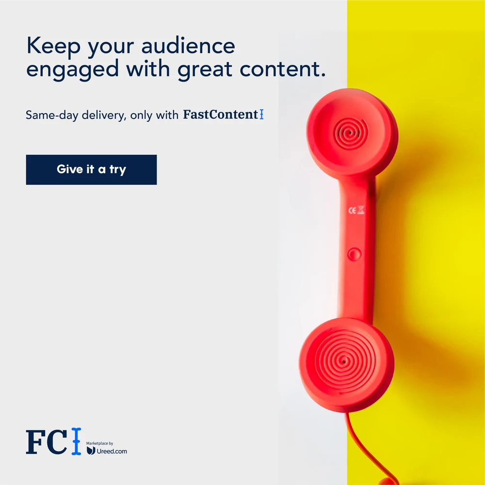 An eight-post country campaign for FastContent across the UAE, Saudi Arabia, Kuwait and Bahrain: a single object — a car, a paper boat, a telephone, a cassette, clips, headphones, a chair, an alarm clock — photographed on a split colour field with one benefit line and one button.
