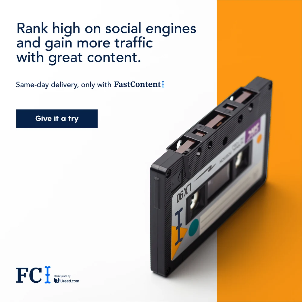 An eight-post country campaign for FastContent across the UAE, Saudi Arabia, Kuwait and Bahrain: a single object — a car, a paper boat, a telephone, a cassette, clips, headphones, a chair, an alarm clock — photographed on a split colour field with one benefit line and one button.