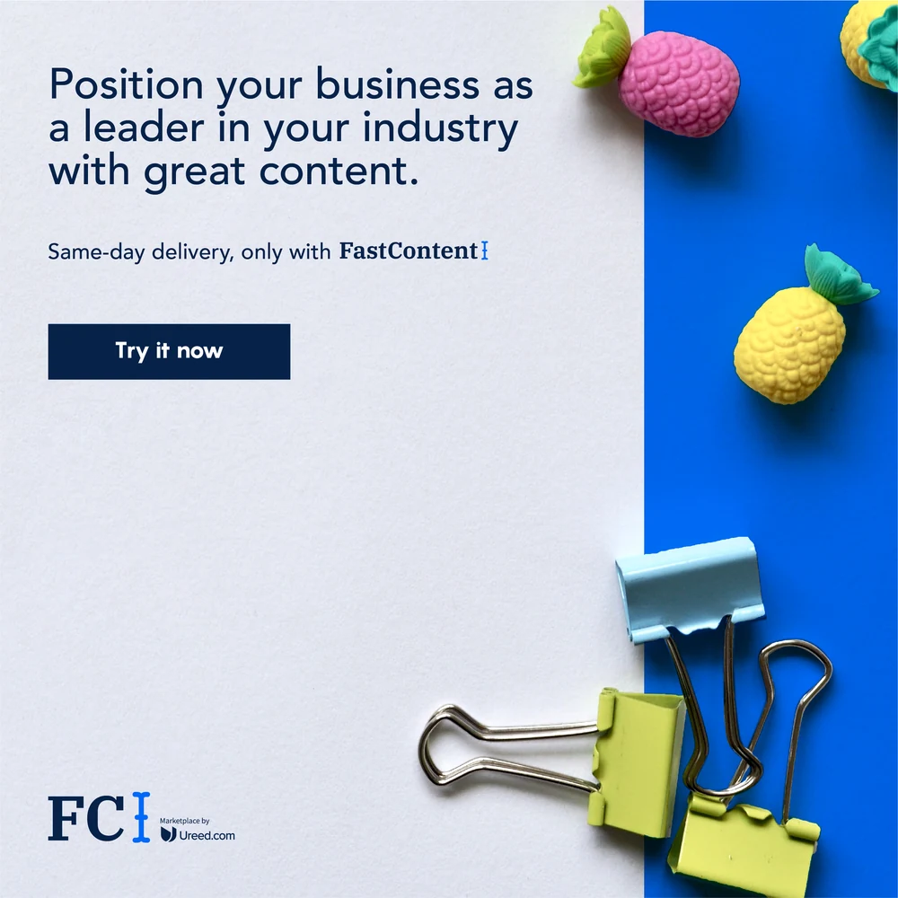 An eight-post country campaign for FastContent across the UAE, Saudi Arabia, Kuwait and Bahrain: a single object — a car, a paper boat, a telephone, a cassette, clips, headphones, a chair, an alarm clock — photographed on a split colour field with one benefit line and one button.