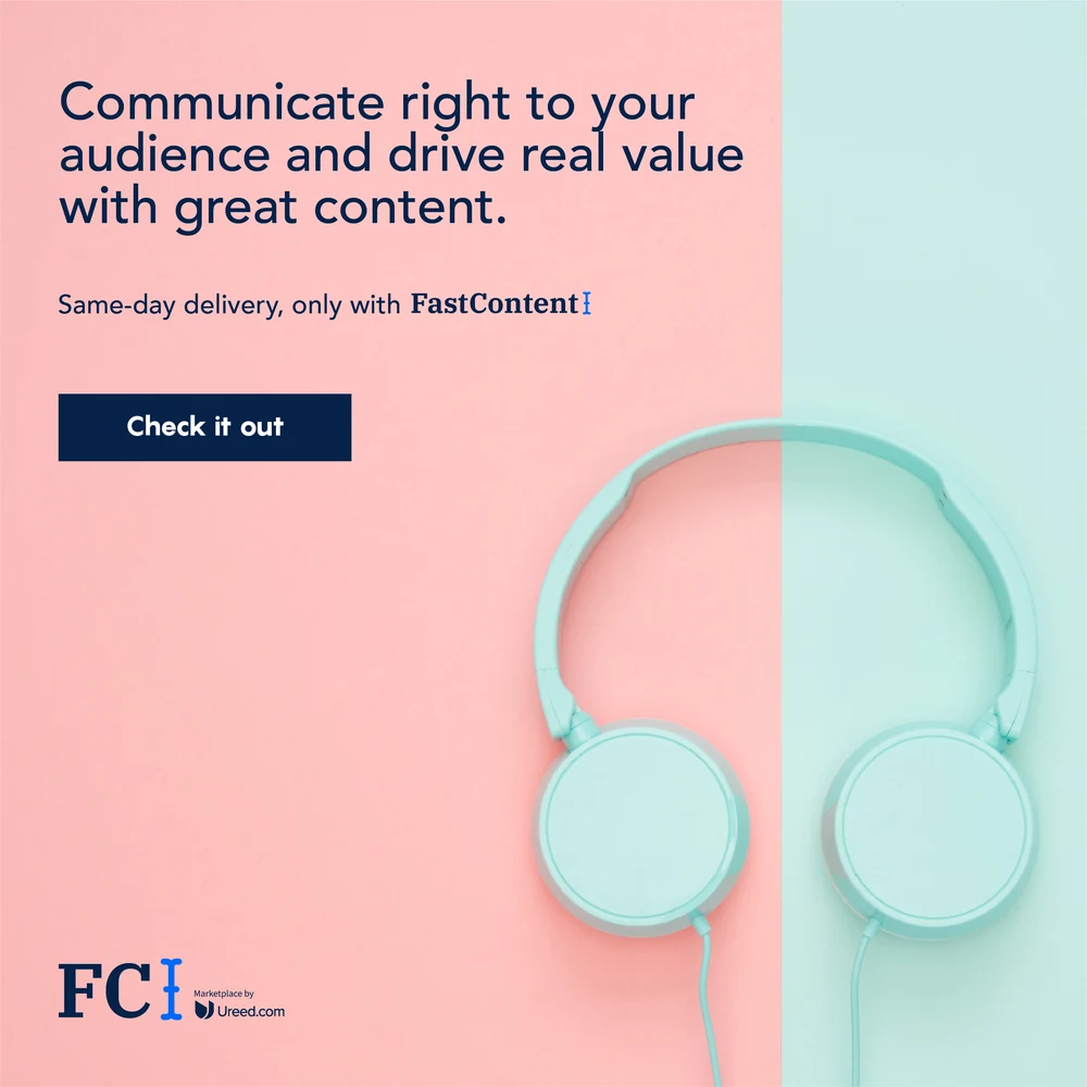An eight-post country campaign for FastContent across the UAE, Saudi Arabia, Kuwait and Bahrain: a single object — a car, a paper boat, a telephone, a cassette, clips, headphones, a chair, an alarm clock — photographed on a split colour field with one benefit line and one button.