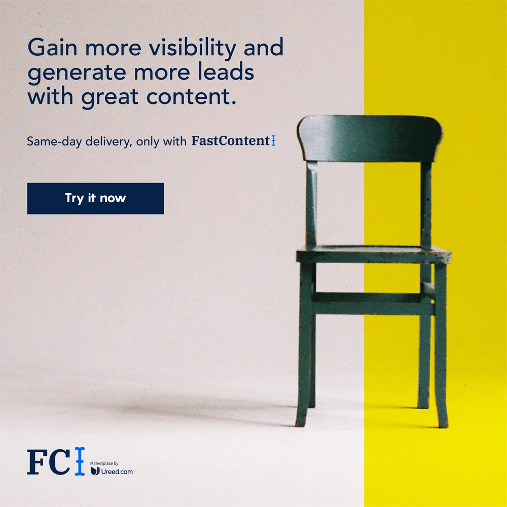 An eight-post country campaign for FastContent across the UAE, Saudi Arabia, Kuwait and Bahrain: a single object — a car, a paper boat, a telephone, a cassette, clips, headphones, a chair, an alarm clock — photographed on a split colour field with one benefit line and one button.