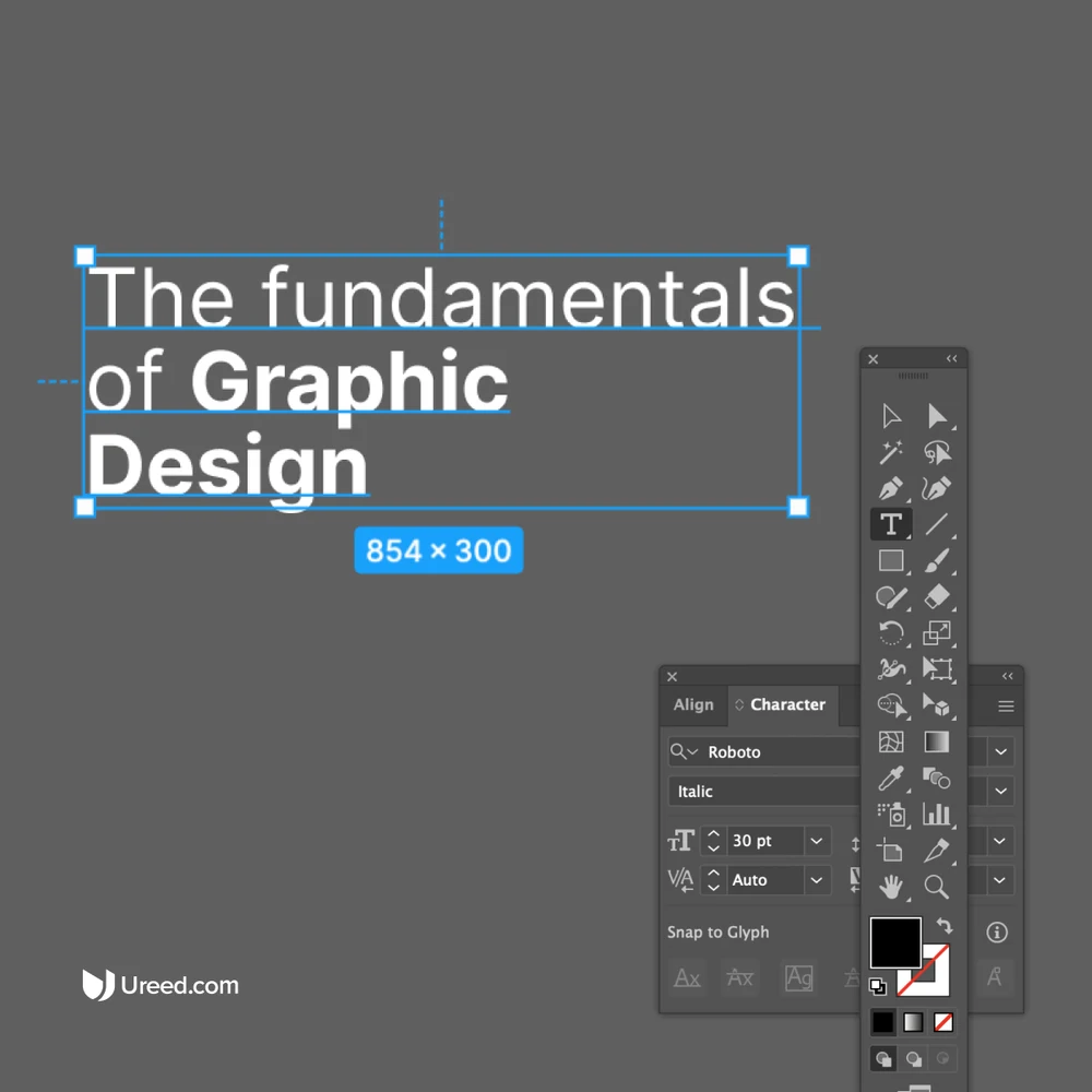 A five-slide carousel on the fundamentals of graphic design: a cover drawn as an artboard with a text selection, then typeface, space, balance and alignment, and hierarchy — each slide laid out to demonstrate its own principle.