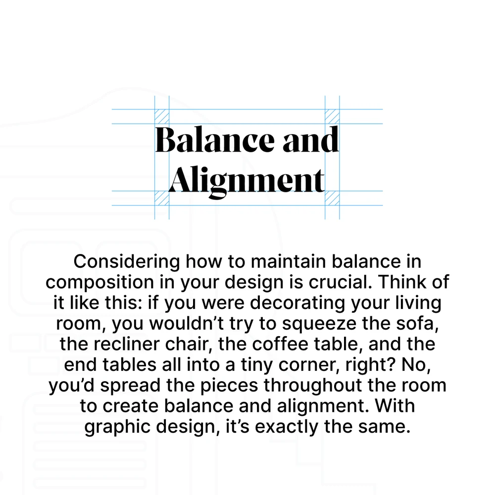 A five-slide carousel on the fundamentals of graphic design: a cover drawn as an artboard with a text selection, then typeface, space, balance and alignment, and hierarchy — each slide laid out to demonstrate its own principle.