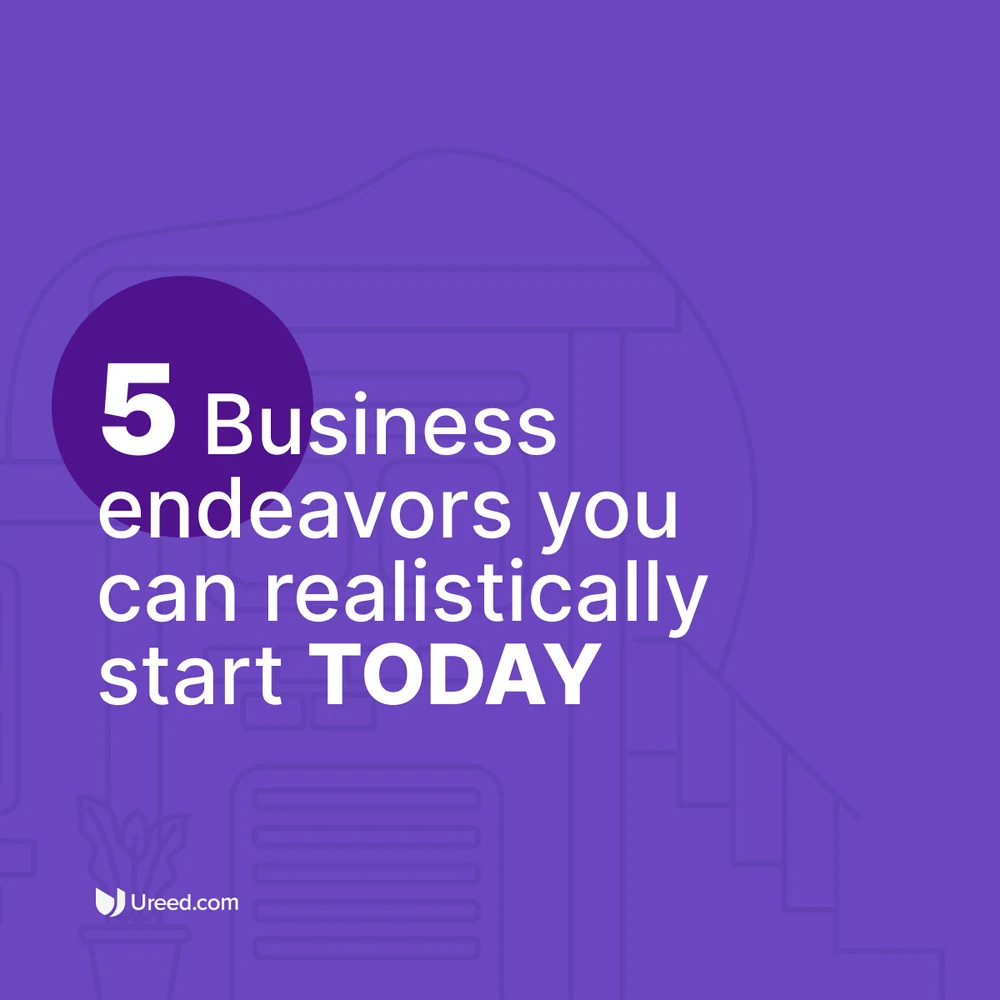 A four-slide carousel: 5 business endeavors you can realistically start today — sell stock photos, online consultation and coaching, become a ghostwriter, become a virtual assistant, freelance designing.