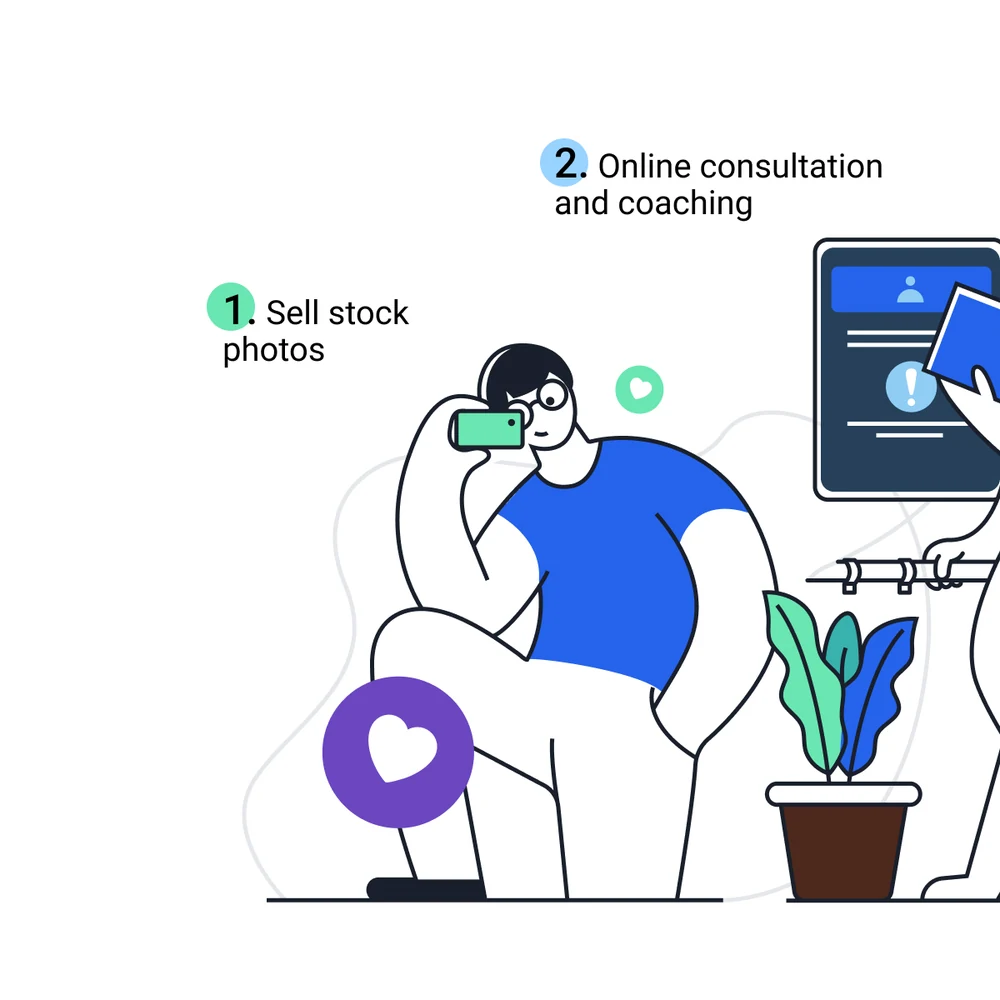 A four-slide carousel: 5 business endeavors you can realistically start today — sell stock photos, online consultation and coaching, become a ghostwriter, become a virtual assistant, freelance designing.