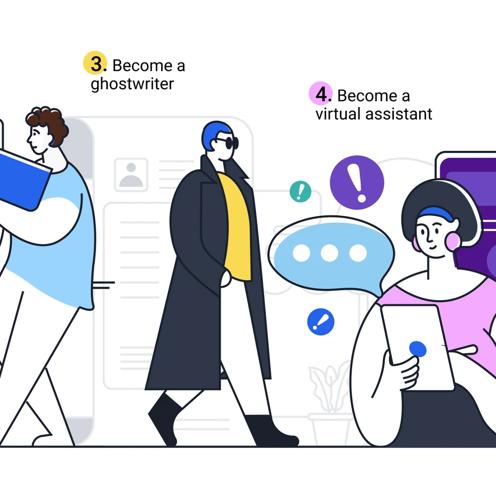 A four-slide carousel: 5 business endeavors you can realistically start today — sell stock photos, online consultation and coaching, become a ghostwriter, become a virtual assistant, freelance designing.