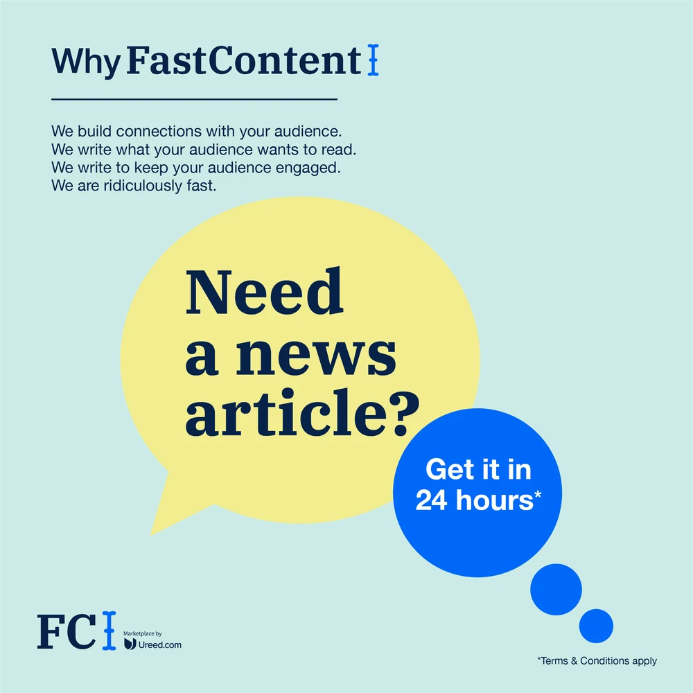 Six FastContent posts: the blogging, ebook and translation statistics in the FastContent lockup, then three speech-bubble asks — need a news article, need a blog post, need content for your website — each answered with get it in 24 hours.
