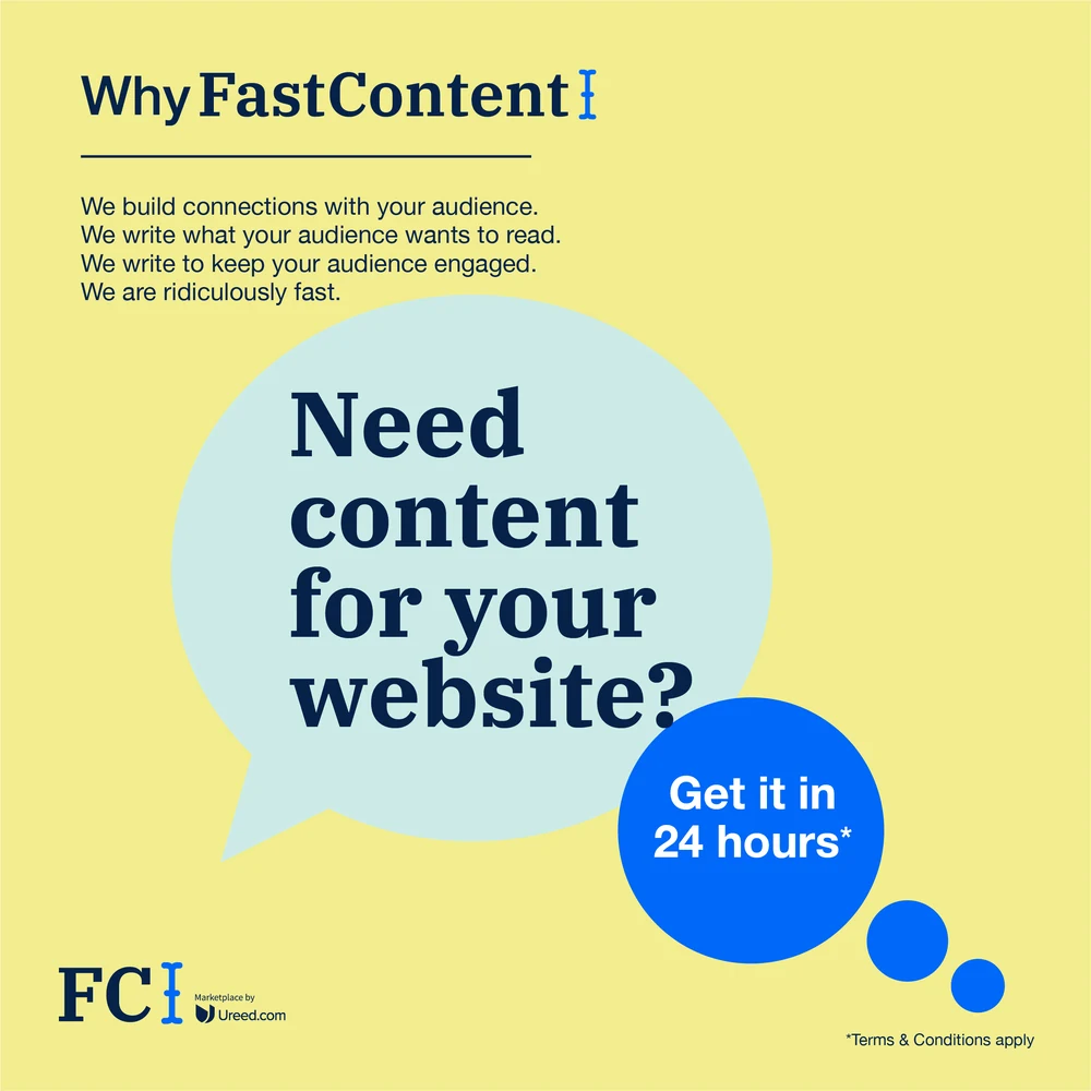 Six FastContent posts: the blogging, ebook and translation statistics in the FastContent lockup, then three speech-bubble asks — need a news article, need a blog post, need content for your website — each answered with get it in 24 hours.
