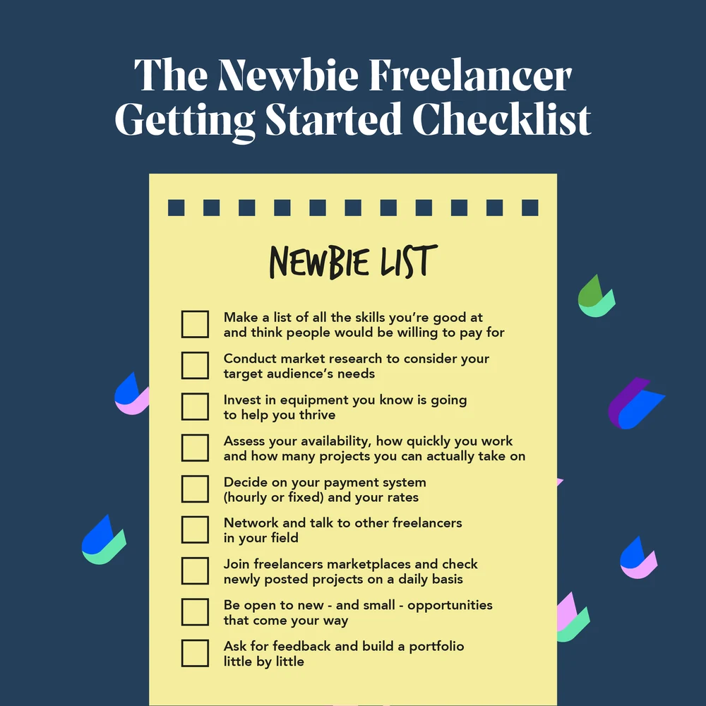 An eight-post run of freelancer guides: the newbie freelancer getting started checklist in two versions, seven tips on personal savings, six benefits of freelancing on the side, six essential tools, nine freelance side jobs, how to take care of your mental health, and a support-agent answer on posting a service.