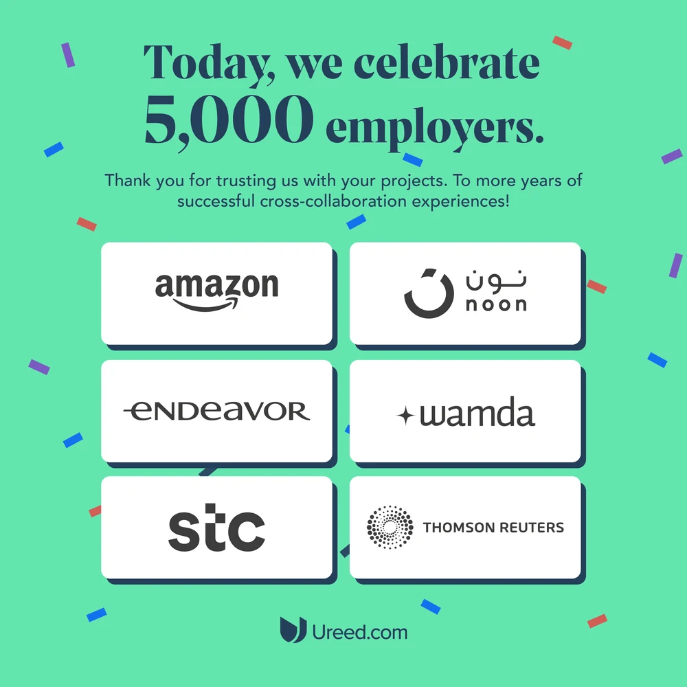 Nine community posts: celebrating 5,000 employers with the logos of Amazon, Noon, Endeavor, Wamda, stc and Thomson Reuters; 3,000 medical articles delivered to Altibbi; International Client’s Day; two Eid cards; and quotations from a venture capitalist, J. C. Penney and Gabriel García Márquez; plus a call for English-to-Russian translators.