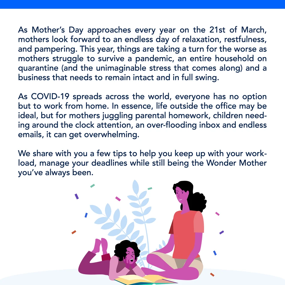 A nine-slide FastContent carousel: A Mom’s Guide to Master Working From Home, managing work, children and life under quarantine — set up a home office, put up some ground rules, set up a schedule, make good use of naptime, keep entertainment in every corner, and the mute button is your friend.