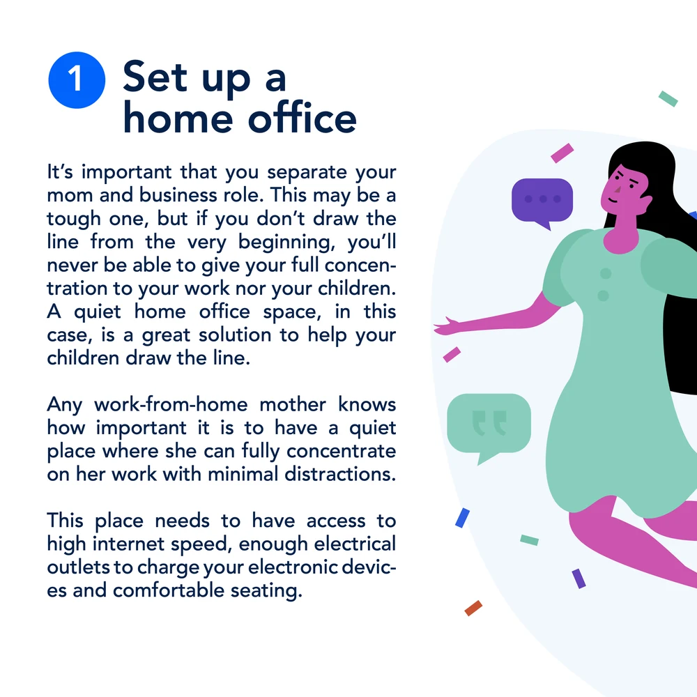 A nine-slide FastContent carousel: A Mom’s Guide to Master Working From Home, managing work, children and life under quarantine — set up a home office, put up some ground rules, set up a schedule, make good use of naptime, keep entertainment in every corner, and the mute button is your friend.