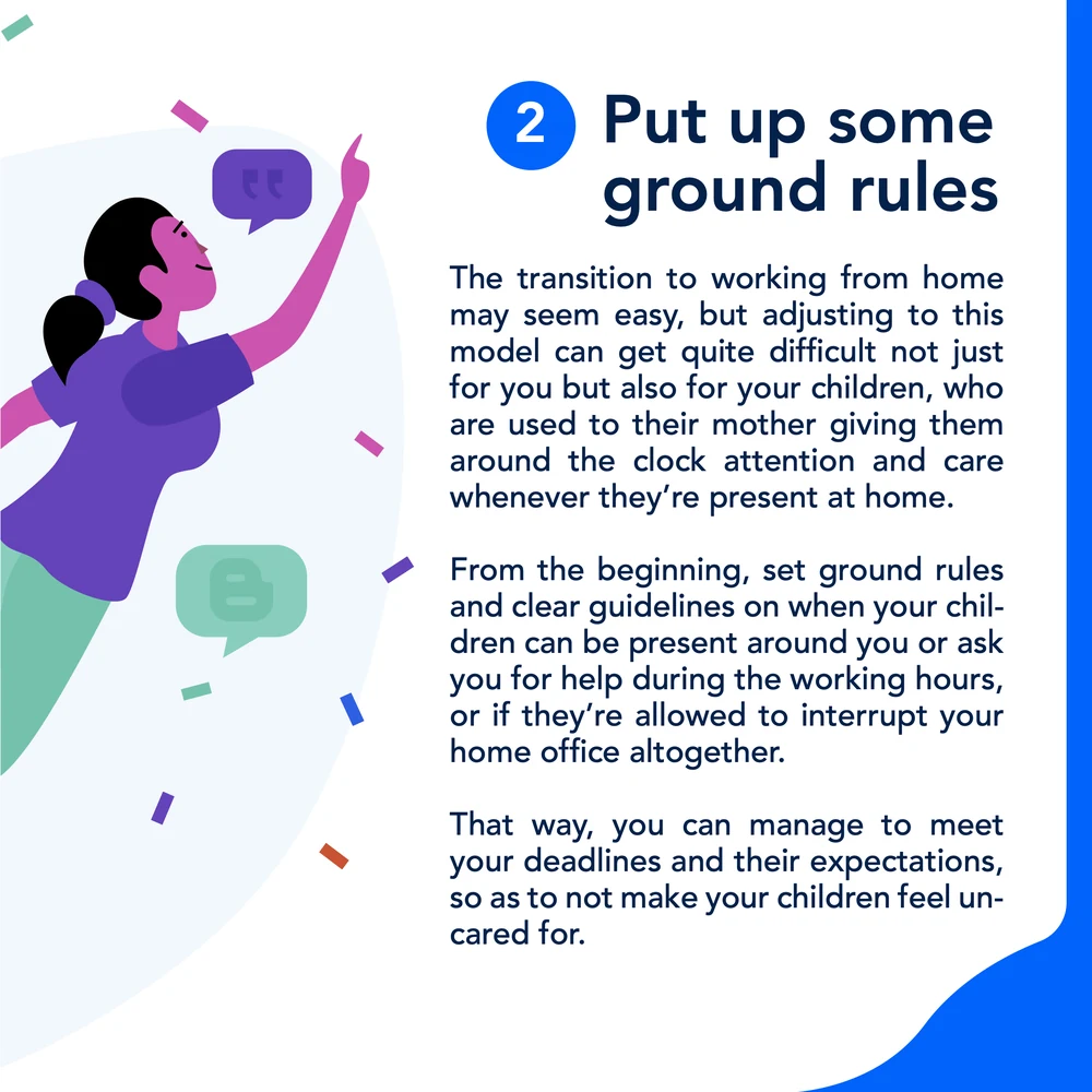 A nine-slide FastContent carousel: A Mom’s Guide to Master Working From Home, managing work, children and life under quarantine — set up a home office, put up some ground rules, set up a schedule, make good use of naptime, keep entertainment in every corner, and the mute button is your friend.