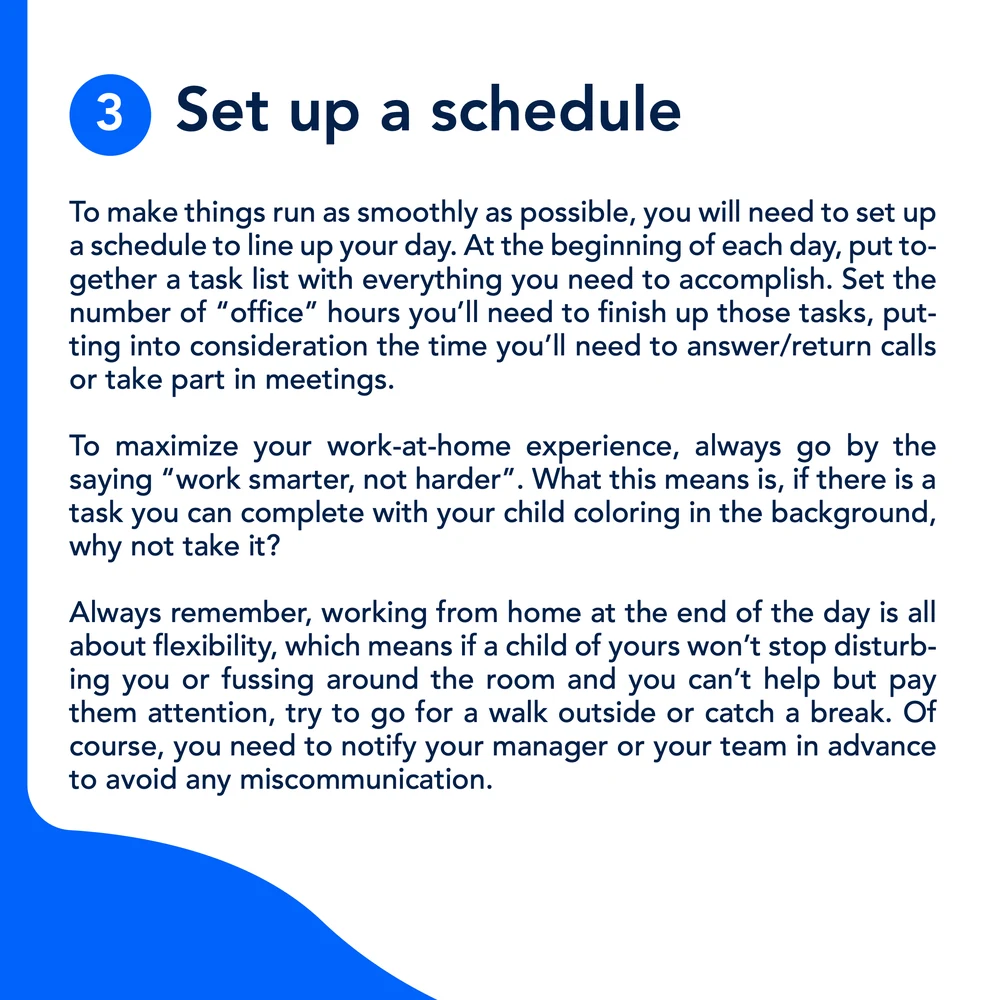 A nine-slide FastContent carousel: A Mom’s Guide to Master Working From Home, managing work, children and life under quarantine — set up a home office, put up some ground rules, set up a schedule, make good use of naptime, keep entertainment in every corner, and the mute button is your friend.