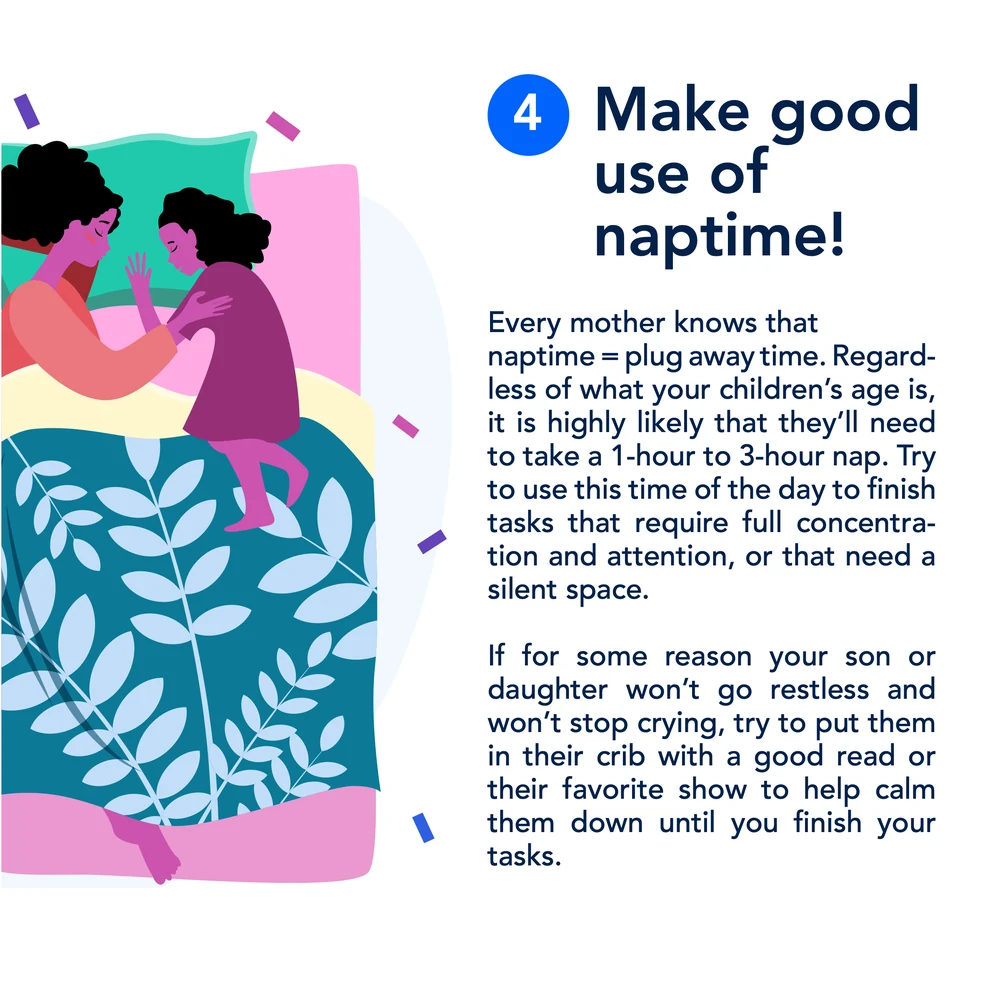 A nine-slide FastContent carousel: A Mom’s Guide to Master Working From Home, managing work, children and life under quarantine — set up a home office, put up some ground rules, set up a schedule, make good use of naptime, keep entertainment in every corner, and the mute button is your friend.