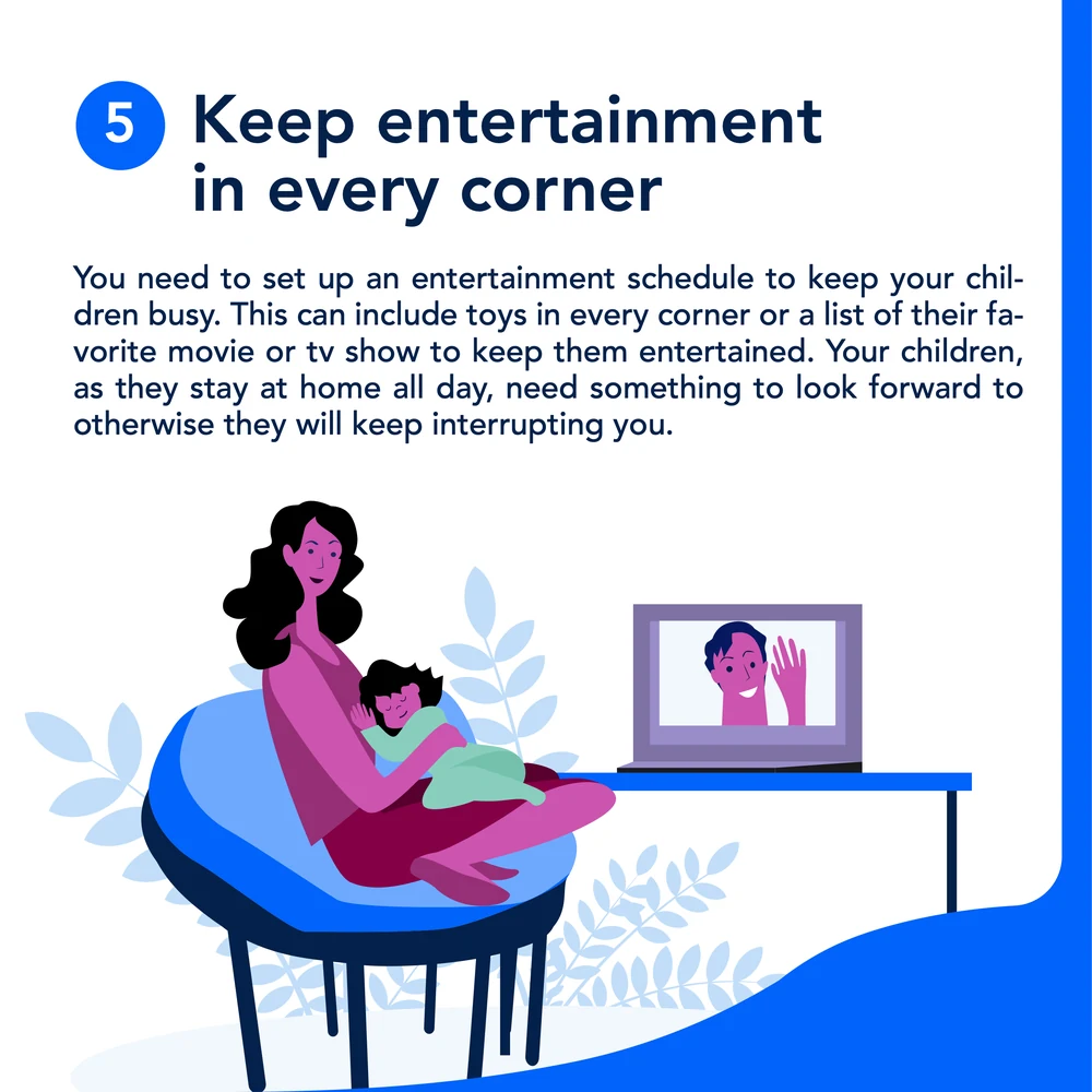 A nine-slide FastContent carousel: A Mom’s Guide to Master Working From Home, managing work, children and life under quarantine — set up a home office, put up some ground rules, set up a schedule, make good use of naptime, keep entertainment in every corner, and the mute button is your friend.