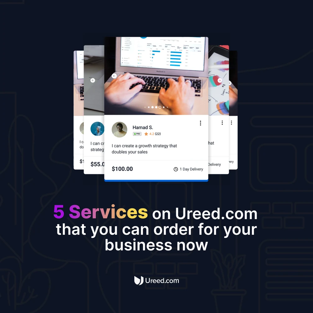 A six-slide carousel of services on Ureed.com: logo design, PowerPoint presentation, translation, copywriting and translating English to Arabic, and floor plans and 3D elevations, each shown as a live listing.