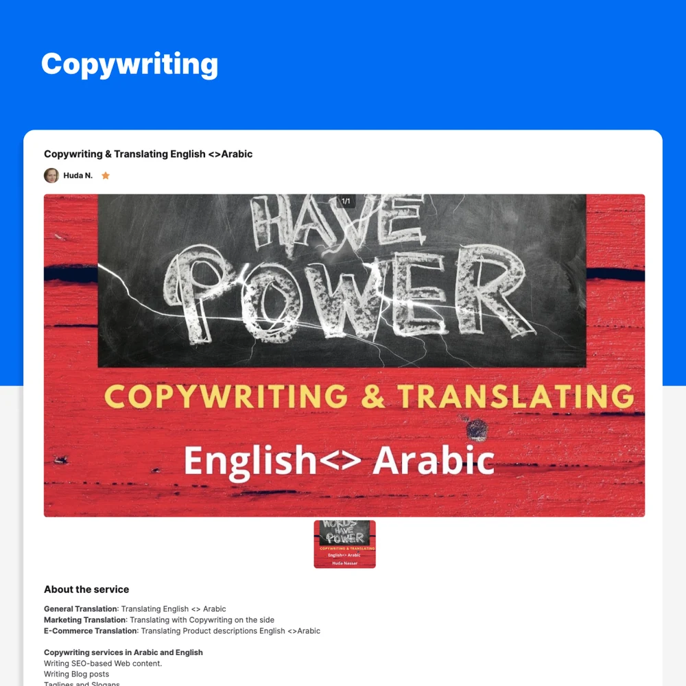 A six-slide carousel of services on Ureed.com: logo design, PowerPoint presentation, translation, copywriting and translating English to Arabic, and floor plans and 3D elevations, each shown as a live listing.