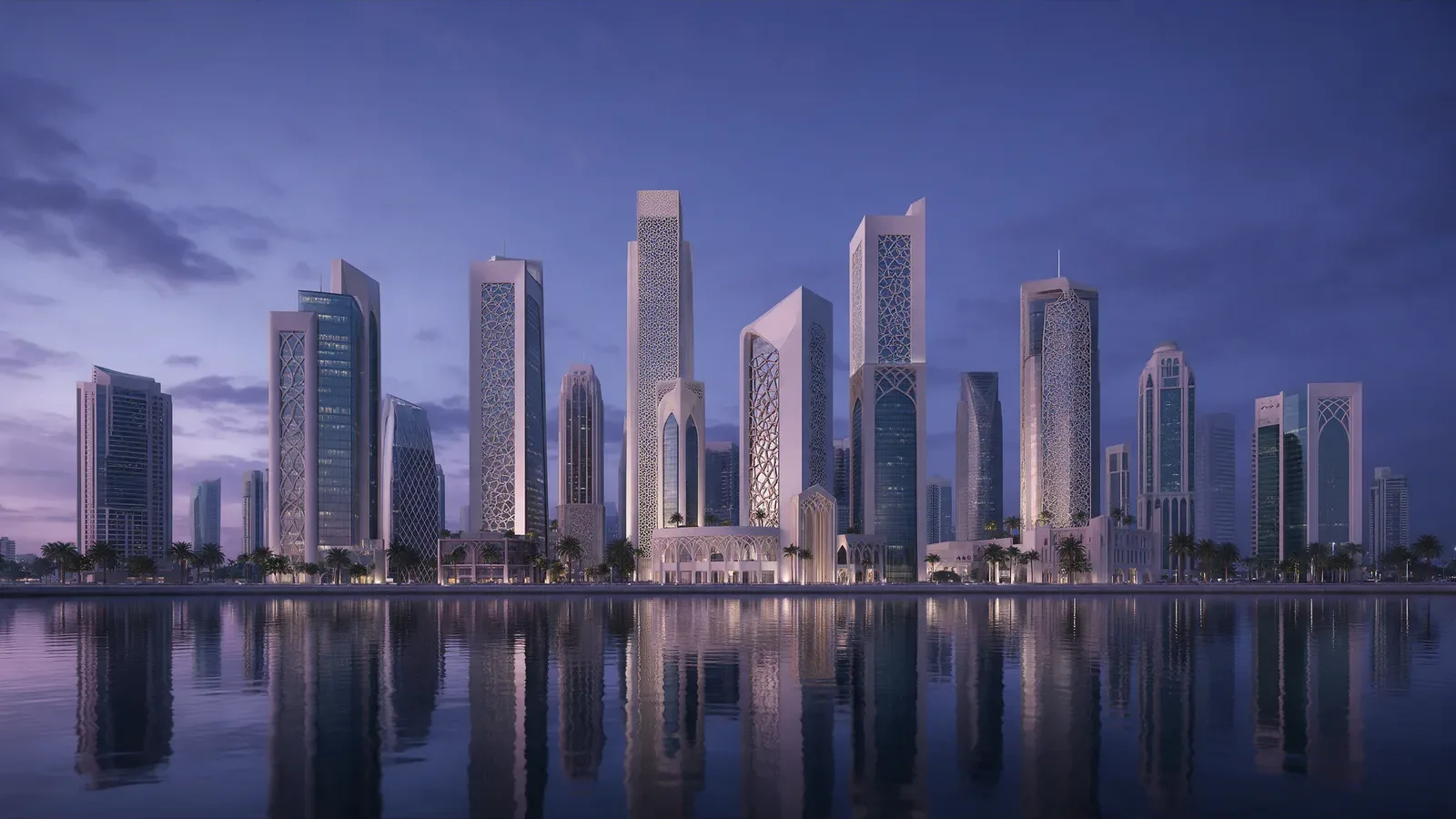 A Gulf city skyline at blue hour