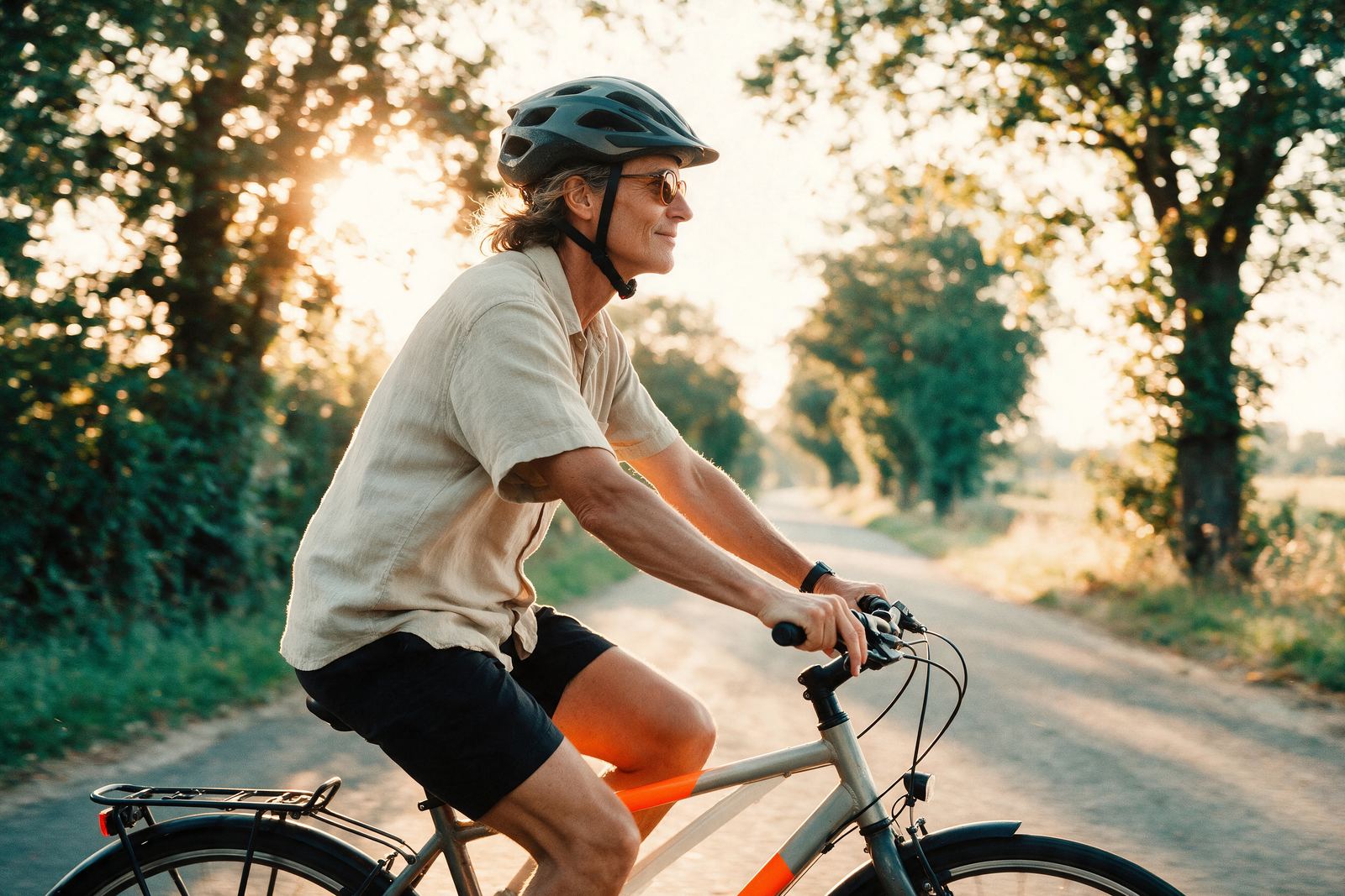 An adult cycling along a tree-lined lane at golden hour.