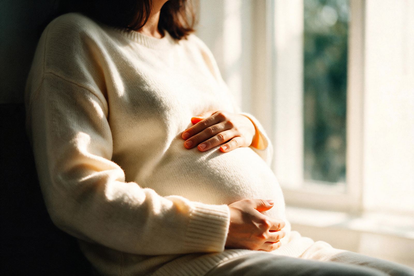 A pregnant woman in a cream knit resting her hands on her bump by a window.