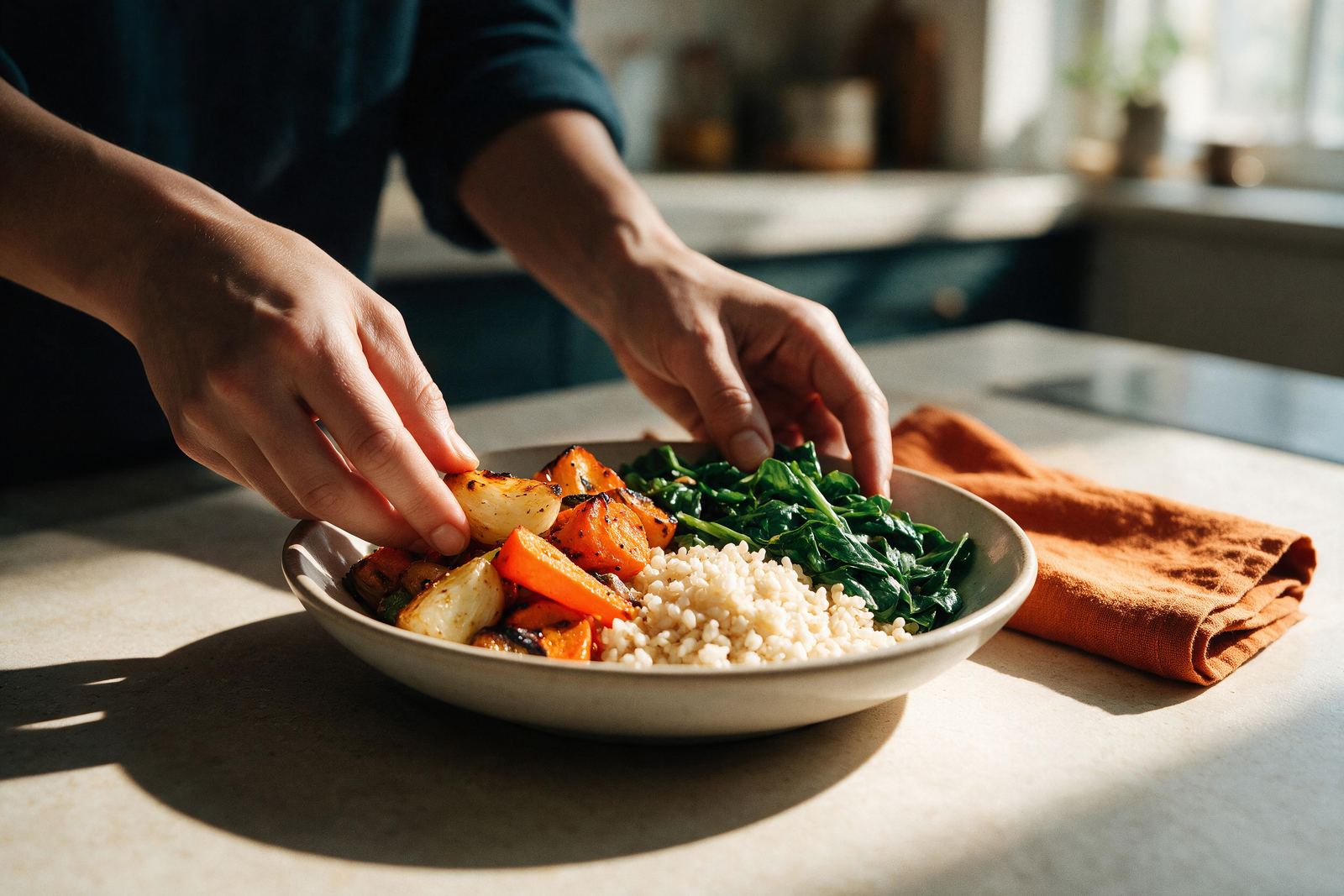 Hands plating a balanced meal of roasted vegetables and grains in warm morning light.
