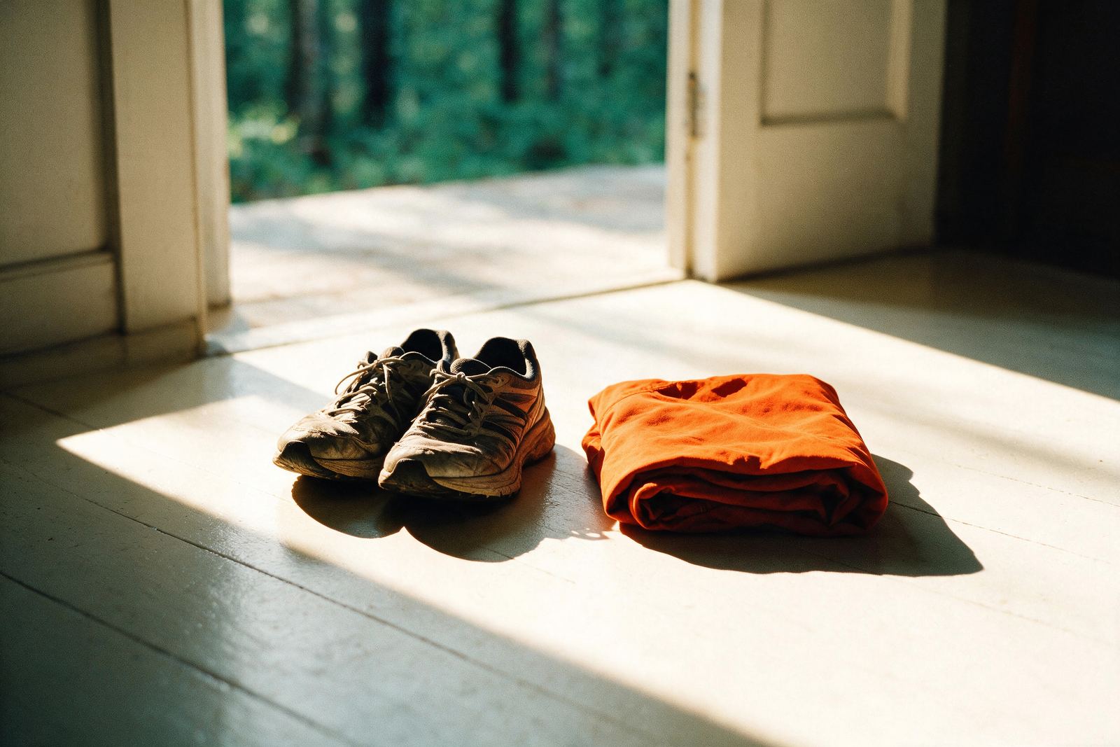 Walking trainers and a folded orange jacket beside an open doorway in morning light.