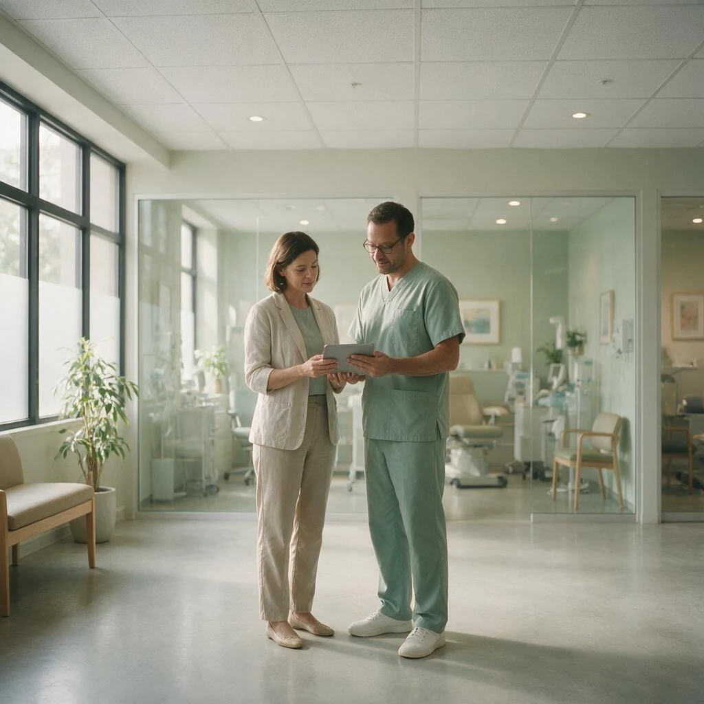A clinic manager and clinician reviewing a tablet between treatment rooms