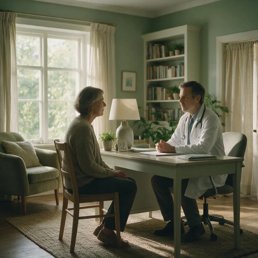 A GP listening to a patient across a desk