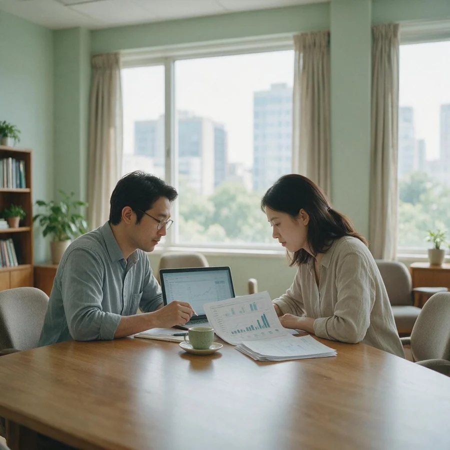 Two analysts reviewing figures at a meeting table