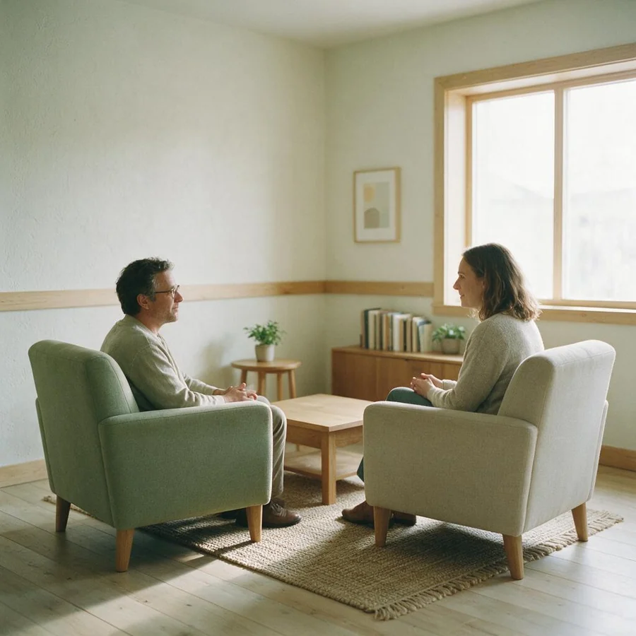 A therapist and client in conversation in a calm room
