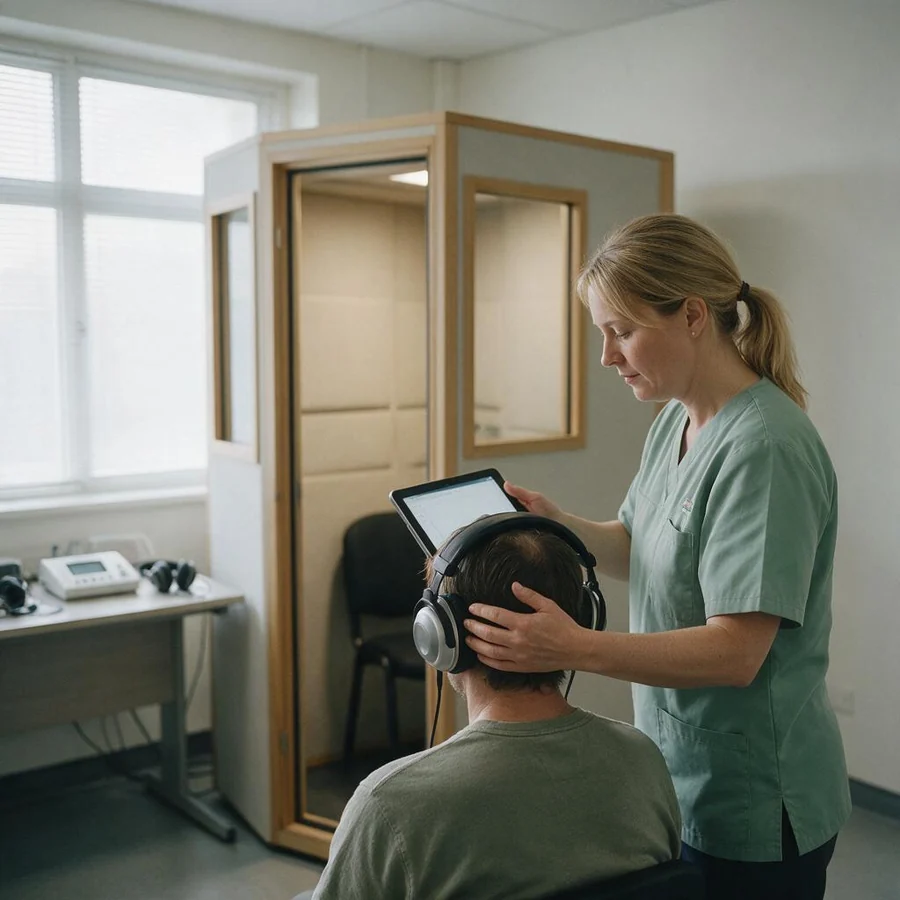 An occupational health nurse carrying out a hearing test