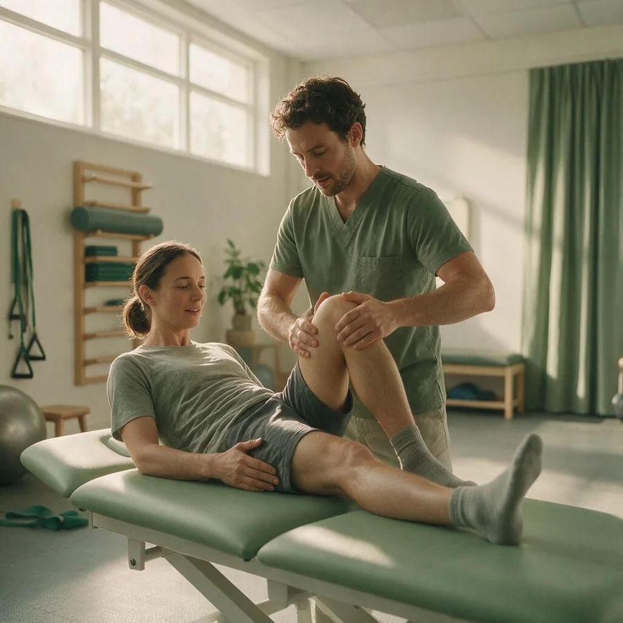 A clinician guiding a patient through knee rehabilitation