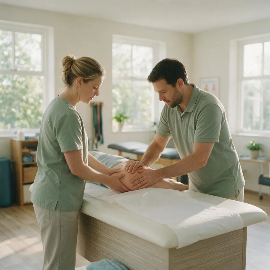 A physiotherapist treating a patient's shoulder