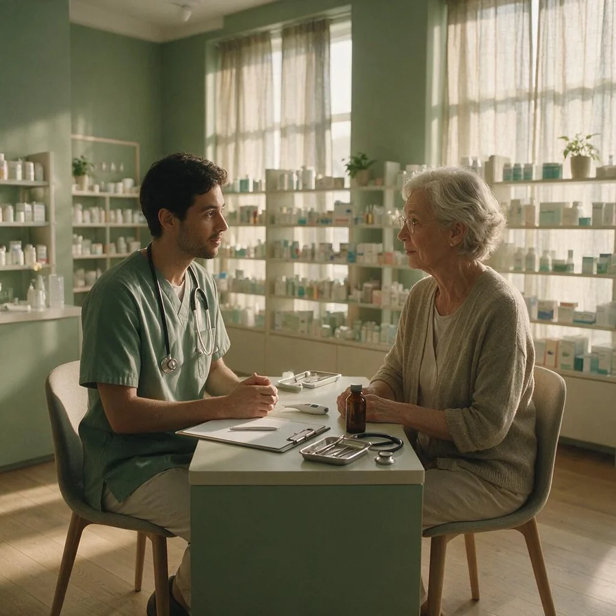 A pharmacist and customer talking in a consultation room