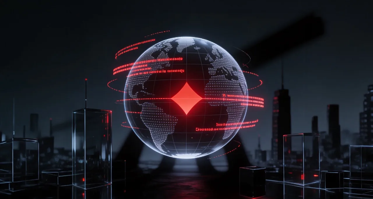 Holographic globe wrapped in orbiting streams of red data with the red Tarjama diamond at its centre, symbolising translation and language solutions