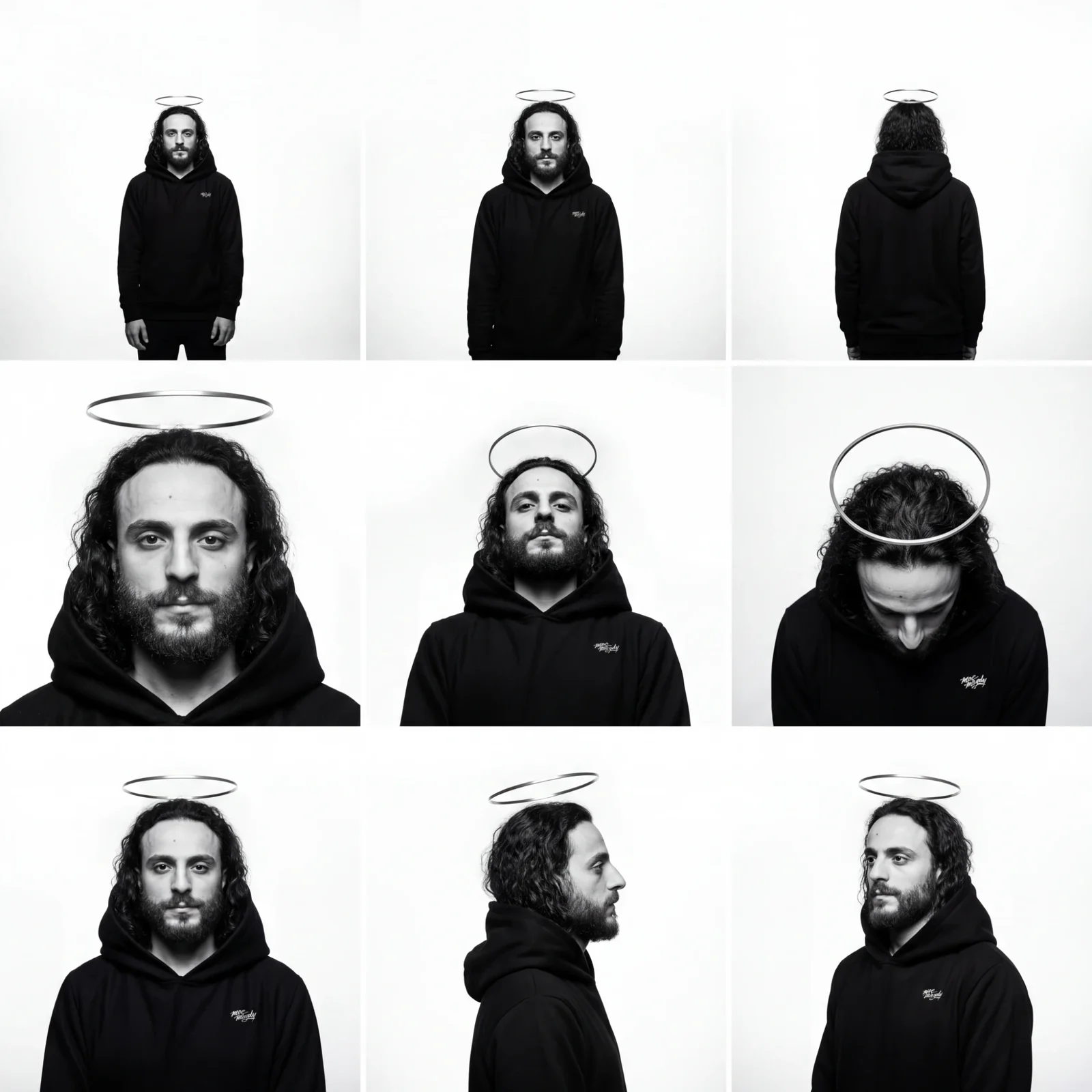 A nine-frame contact sheet of Moe Magdy in a black hoodie against white, a thin metal halo held above his head in every frame