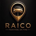 The Raico profile picture: a gold map pin with a car inside it, over the name in spaced capitals and the line Your Ride, On Time.